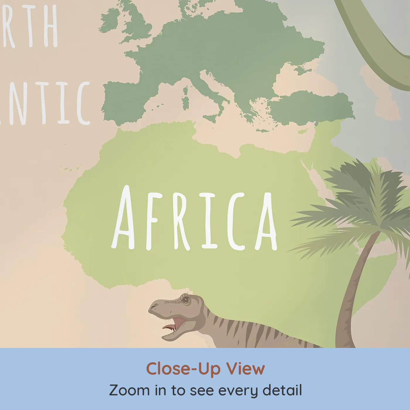 Close-up view of Whimsy Tots' Neutral Dinosaur World Map Wall Mural (Turn Their Room into a Stylish Prehistoric Planet).Gender-Neutral