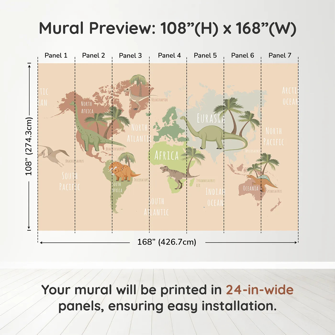 Whimsy Tots Neutral Dinosaur World Map Wall Muraldimension view (108" H x 168" W). Printed in seven 24-inch-wide panels. Gender-Neutral