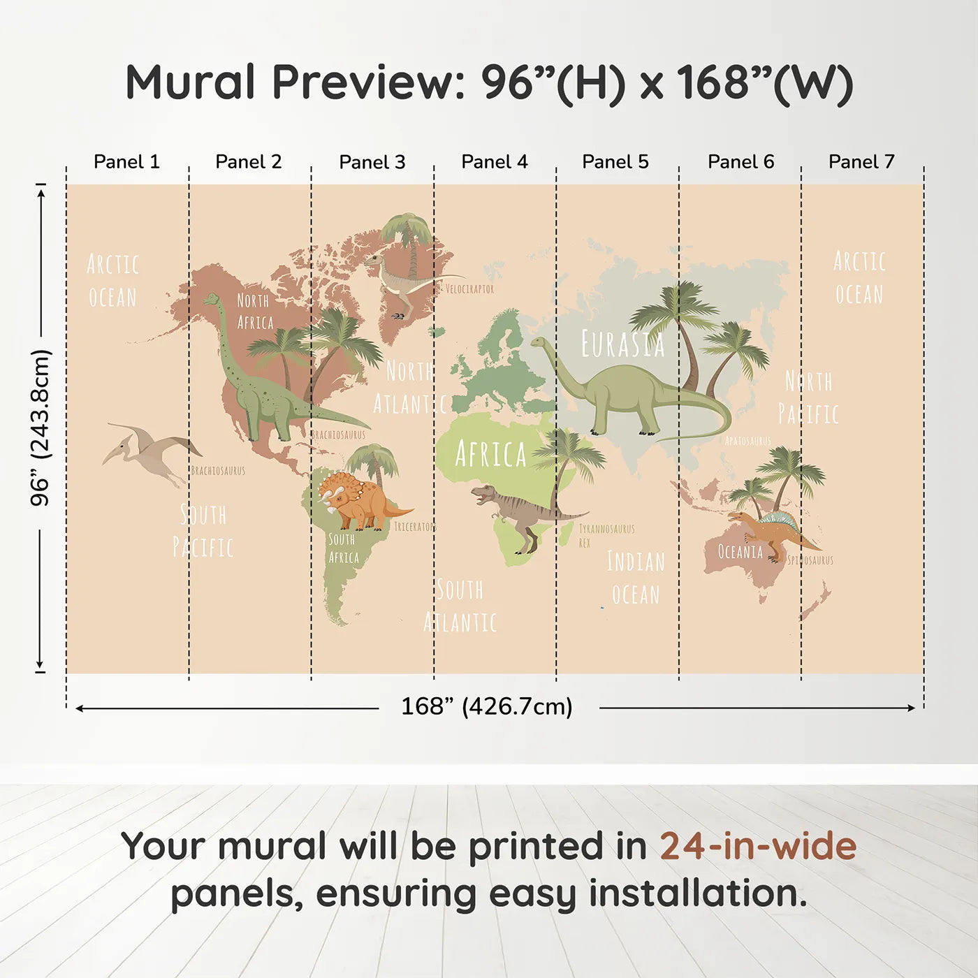 Whimsy Tots Neutral Dinosaur World Map Wall Muraldimension view (96" H x 168" W). Printed in seven 24-inch-wide panels. Gender-Neutral