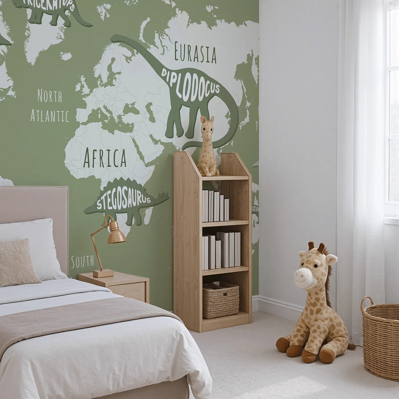 Angled view of Whimsy Tots' Dinosaur Typography World Map Wall Mural (Turn Their Room into a Cool, Graphic Guide to the Prehistoric World).Gender-Neutral