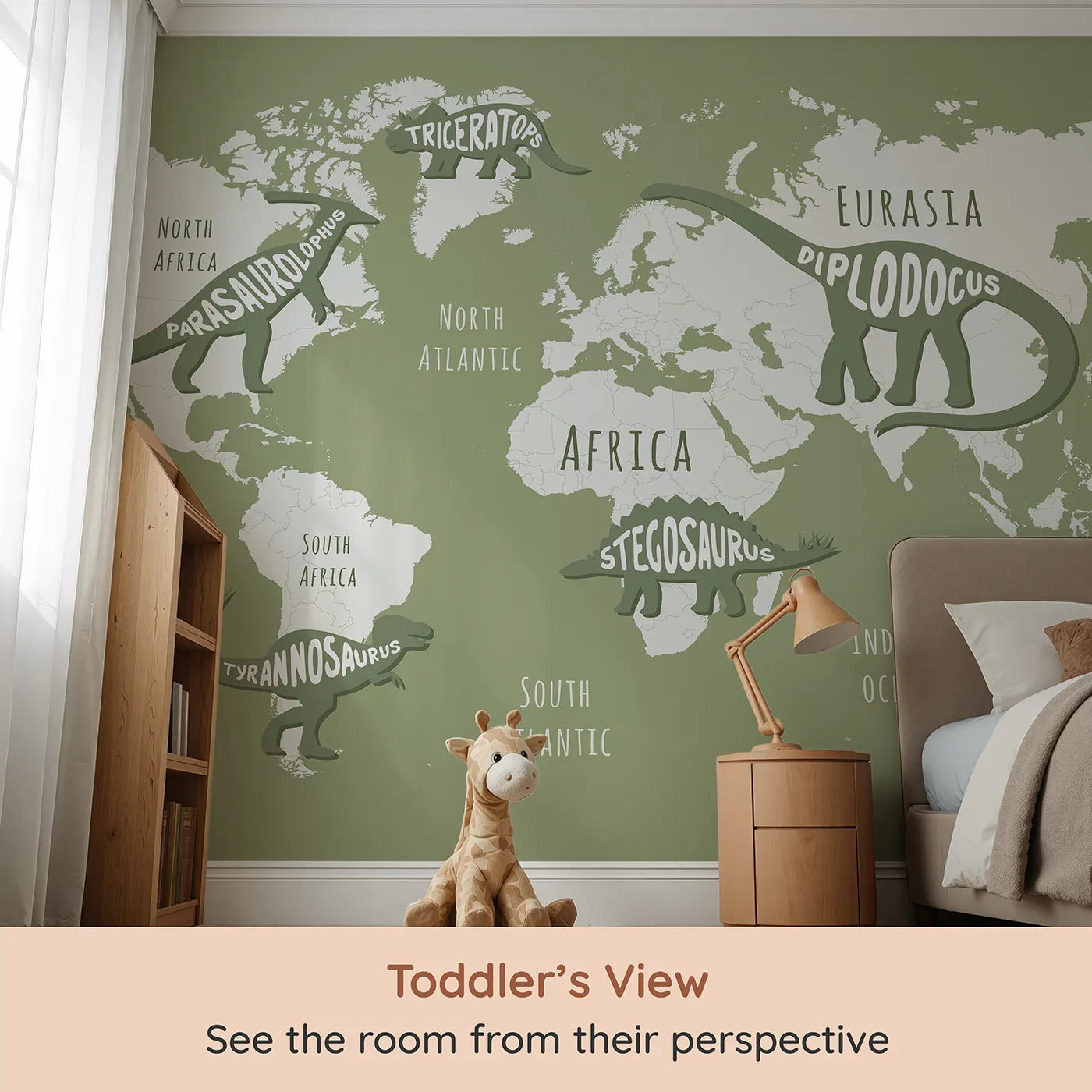 Whimsy Tots Dinosaur Typography World Map Wall Mural (Turn Their Room into a Cool, Graphic Guide to the Prehistoric World) from your child's view.Gender-Neutral