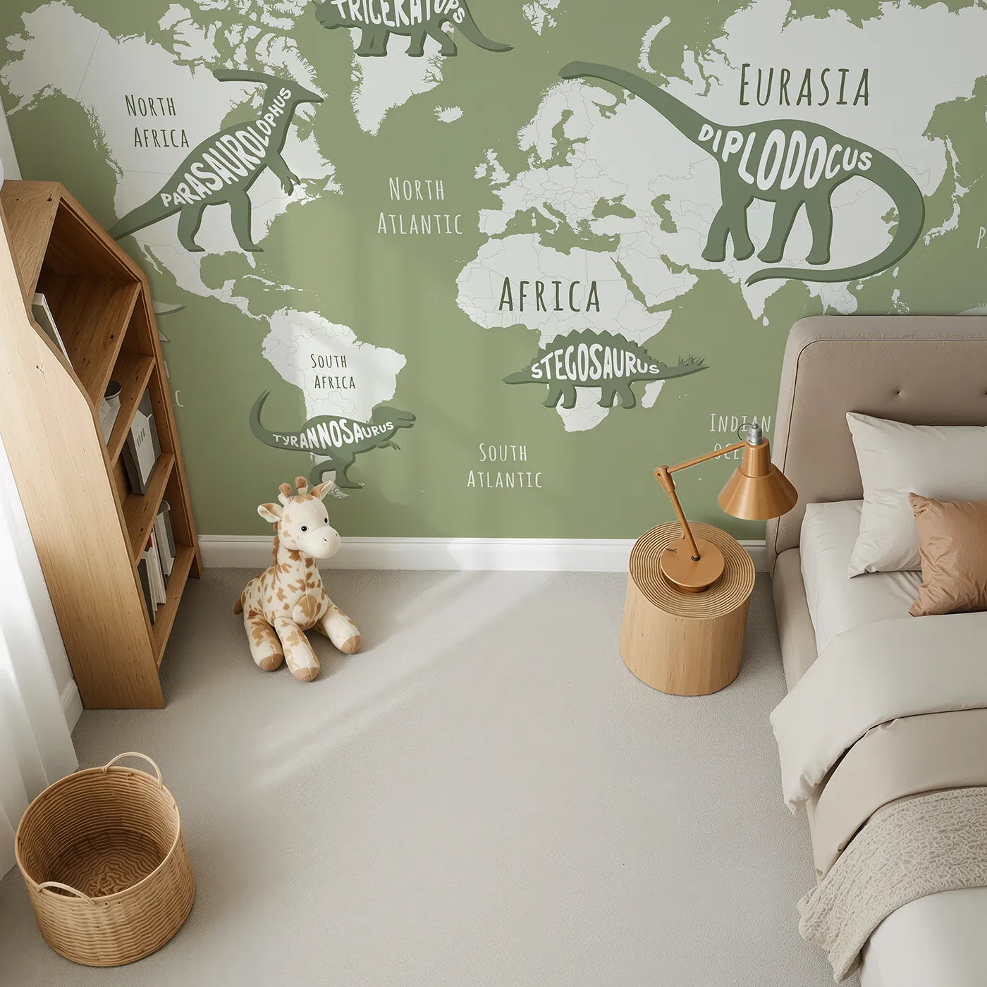 Top-down view of Whimsy Tots' Dinosaur Typography World Map Wall Mural (Turn Their Room into a Cool, Graphic Guide to the Prehistoric World).Gender-Neutral