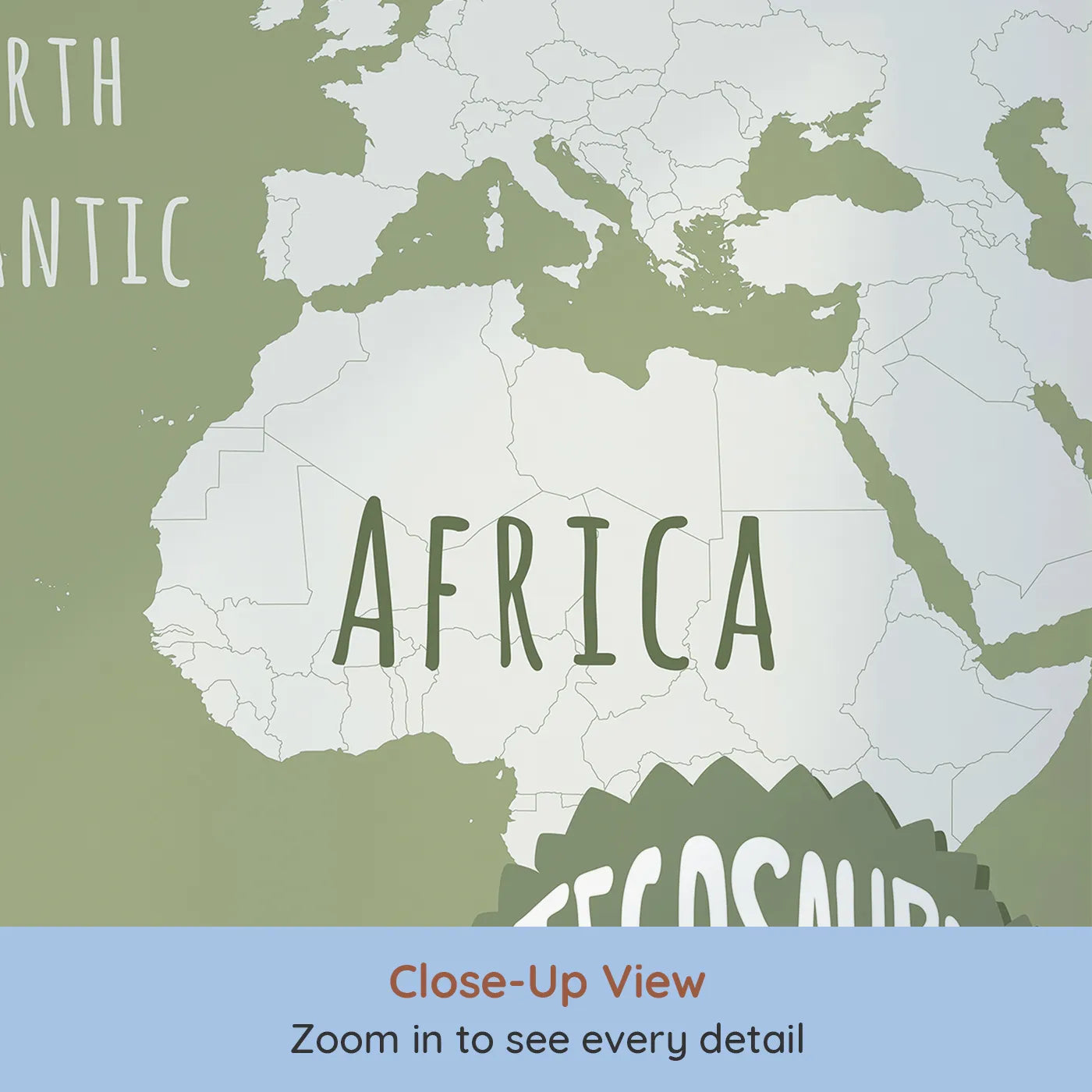 Close-up view of Whimsy Tots' Dinosaur Typography World Map Wall Mural (Turn Their Room into a Cool, Graphic Guide to the Prehistoric World).Gender-Neutral