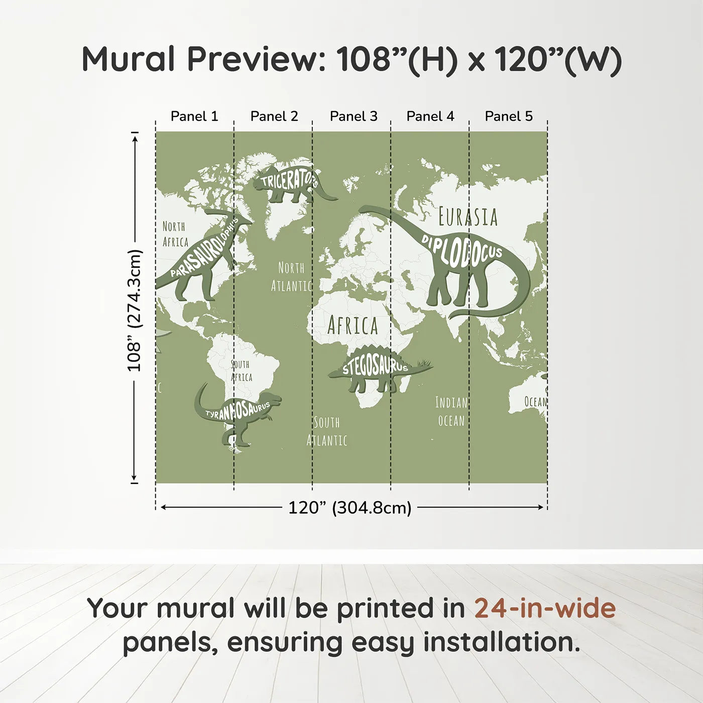 Whimsy Tots Dinosaur Typography World Map Wall Muraldimension view (108" H x 120" W). Printed in five 24-inch-wide panels. Gender-Neutral