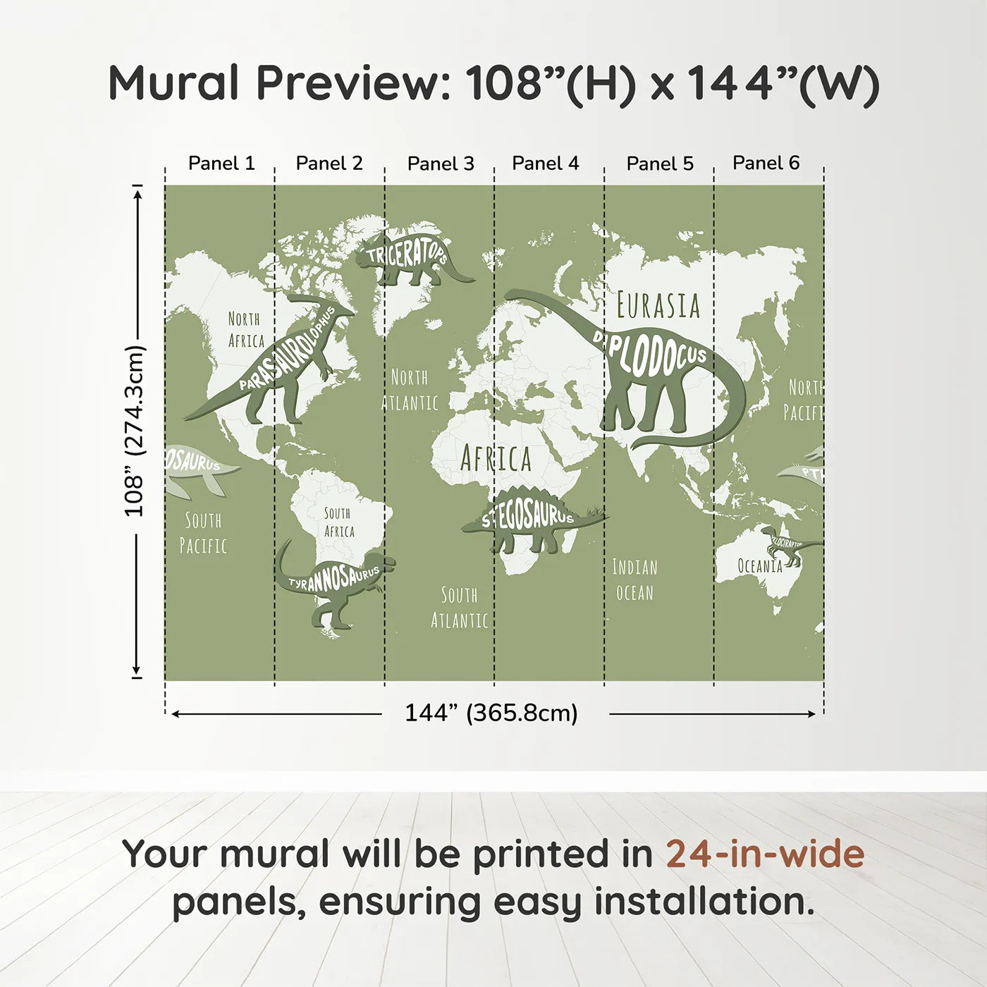 Whimsy Tots Dinosaur Typography World Map Wall Muraldimension view (108" H x 144" W). Printed in six 24-inch-wide panels. Gender-Neutral