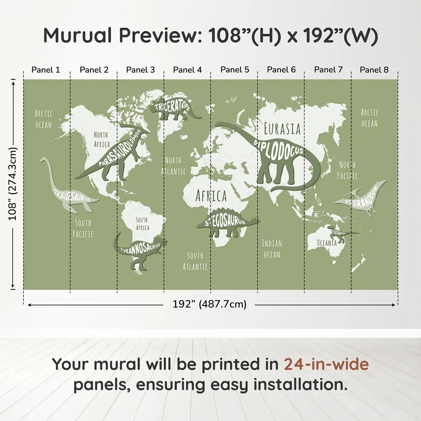 Whimsy Tots Dinosaur Typography World Map Wall Muraldimension view (108" H x 192" W). Printed in eight 24-inch-wide panels. Gender-Neutral