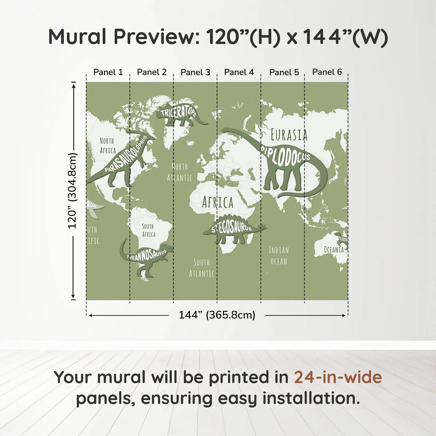 Whimsy Tots Dinosaur Typography World Map Wall Muraldimension view (120" H x 144" W). Printed in six 24-inch-wide panels. Gender-Neutral
