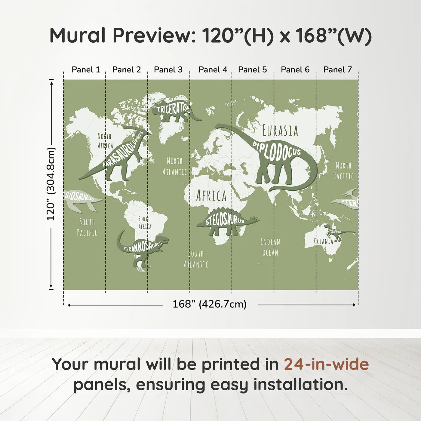 Whimsy Tots Dinosaur Typography World Map Wall Muraldimension view (120" H x 168" W). Printed in seven 24-inch-wide panels. Gender-Neutral