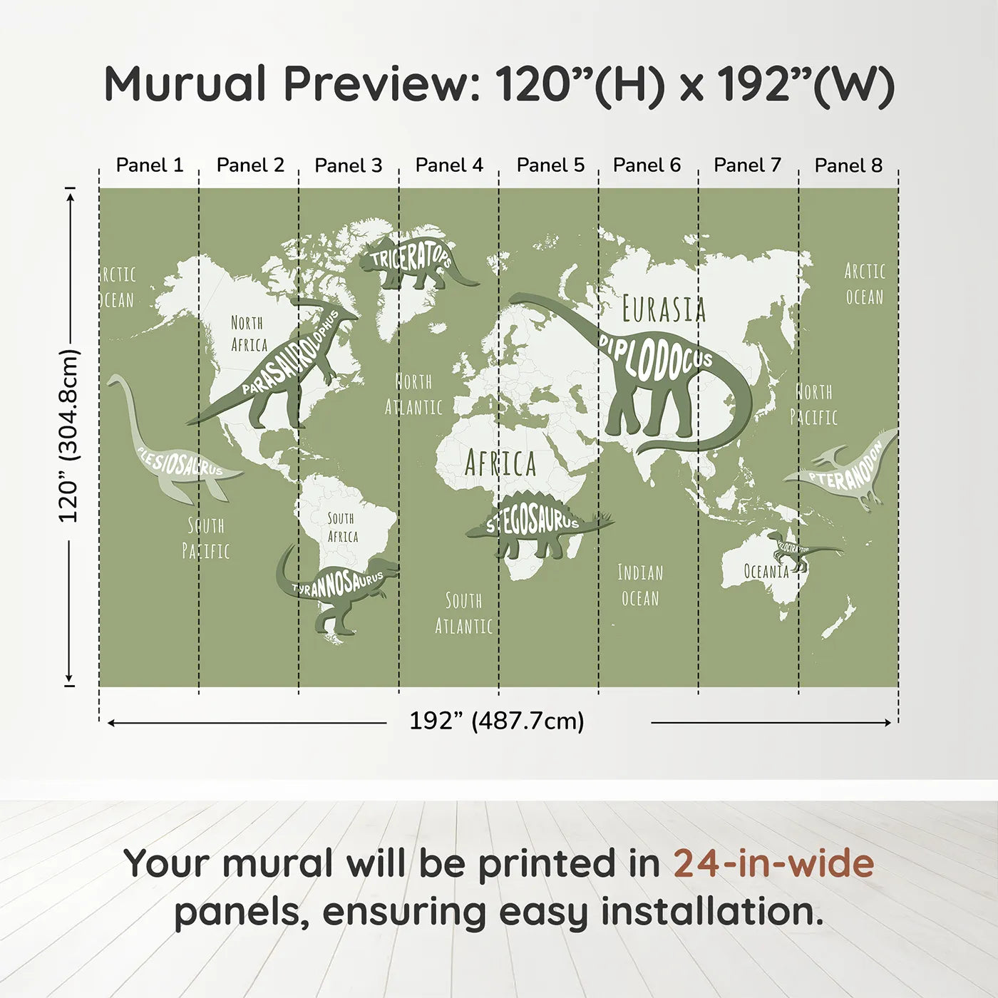 Whimsy Tots Dinosaur Typography World Map Wall Muraldimension view (120" H x 192" W). Printed in eight 24-inch-wide panels. Gender-Neutral