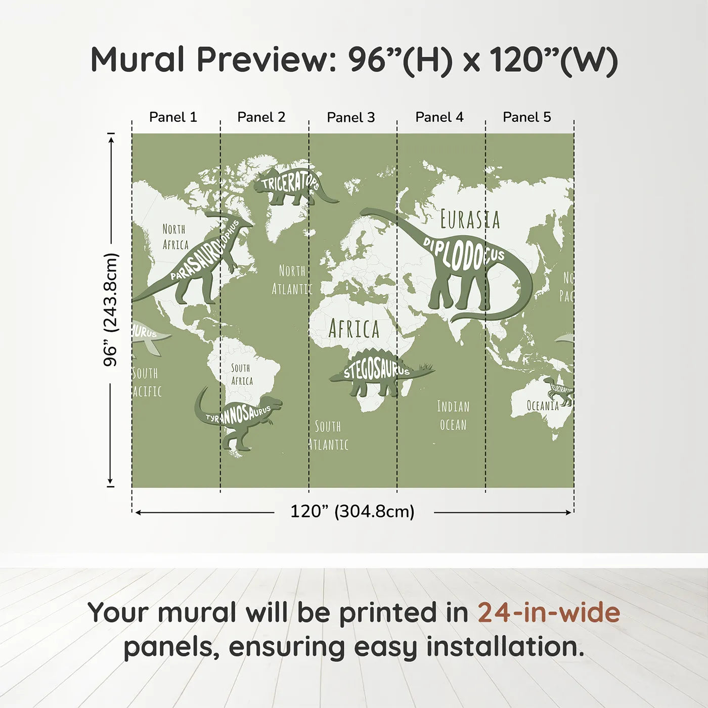 Whimsy Tots Dinosaur Typography World Map Wall Muraldimension view (96" H x 120" W). Printed in five 24-inch-wide panels. Gender-Neutral