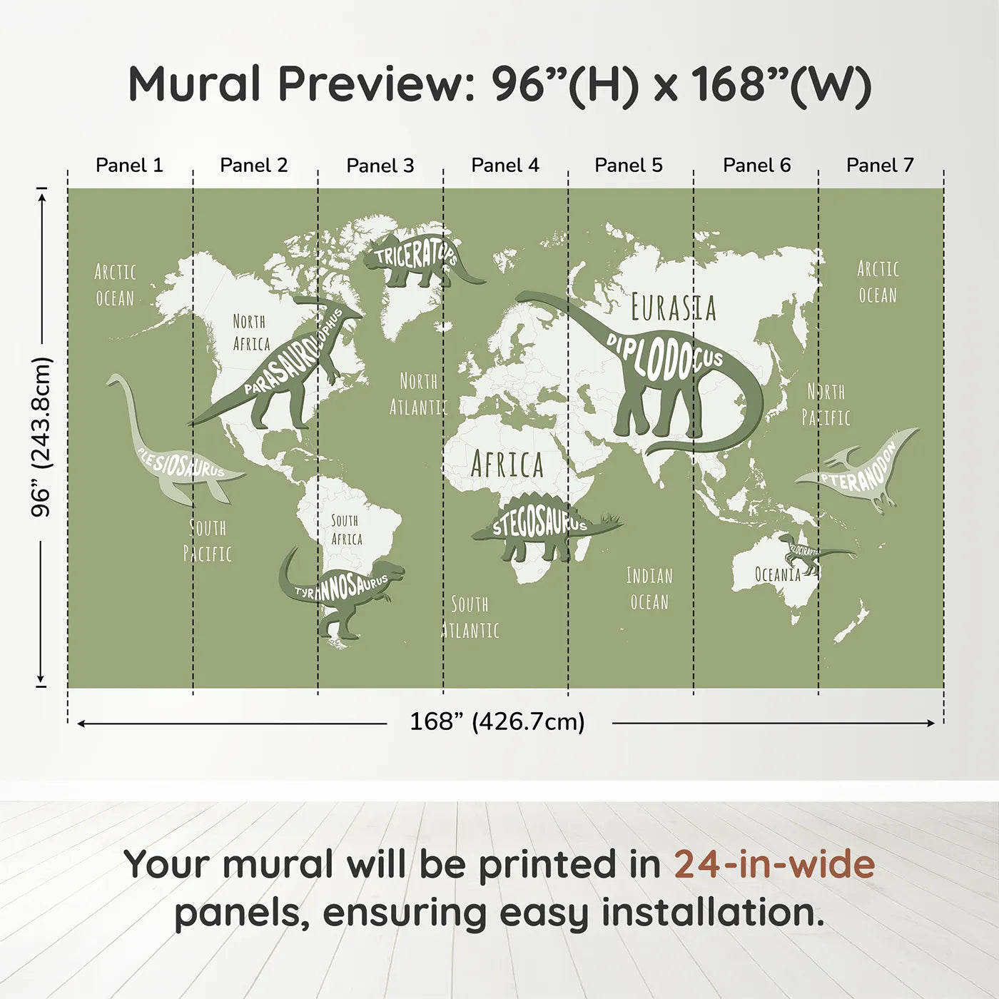 Whimsy Tots Dinosaur Typography World Map Wall Muraldimension view (96" H x 168" W). Printed in seven 24-inch-wide panels. Gender-Neutral