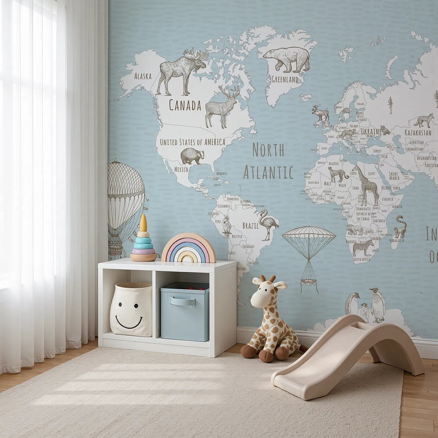 Angled view of Whimsy Tots' Hand Drawn Animal World Map Wall Mural (Turn Their Room into a Classic Explorer's Sketchbook).Gender-Neutral
