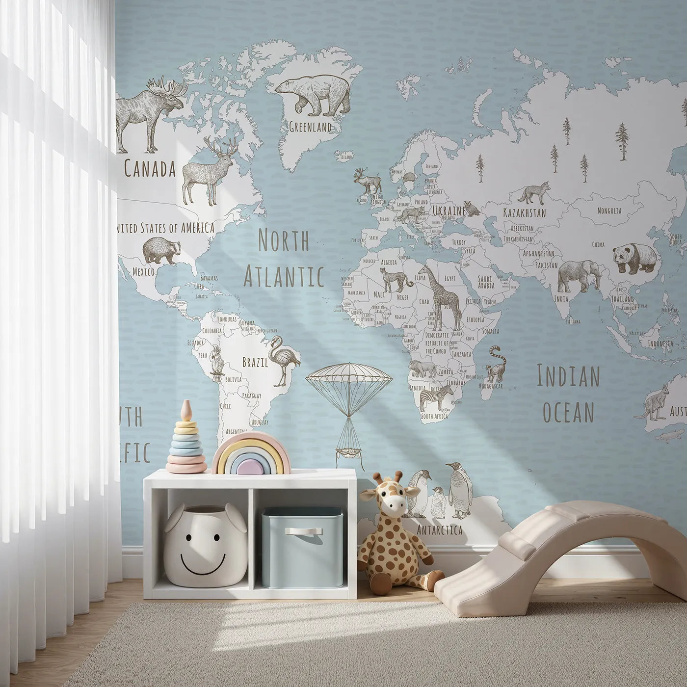 Front view of Whimsy Tots' Hand Drawn Animal World Map Wall Mural