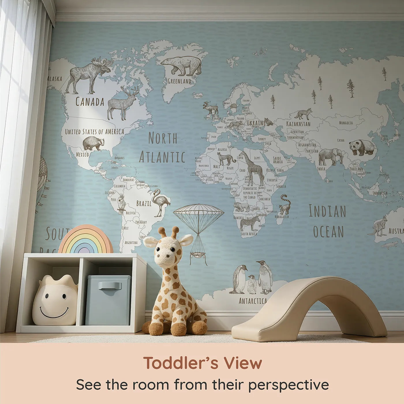Whimsy Tots Hand Drawn Animal World Map Wall Mural (Turn Their Room into a Classic Explorer's Sketchbook) from your child's view.Gender-Neutral