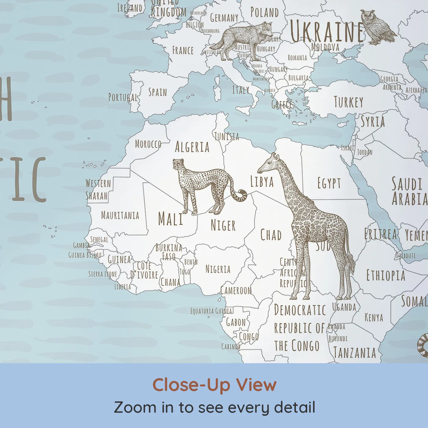 Close-up view of Whimsy Tots' Hand Drawn Animal World Map Wall Mural (Turn Their Room into a Classic Explorer's Sketchbook).Gender-Neutral