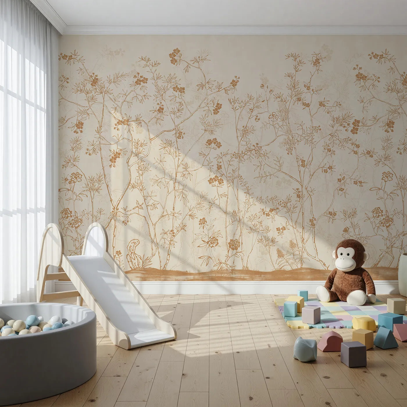 Front view of Whimsy Tots' Sepia Chinoiserie Wall Mural
