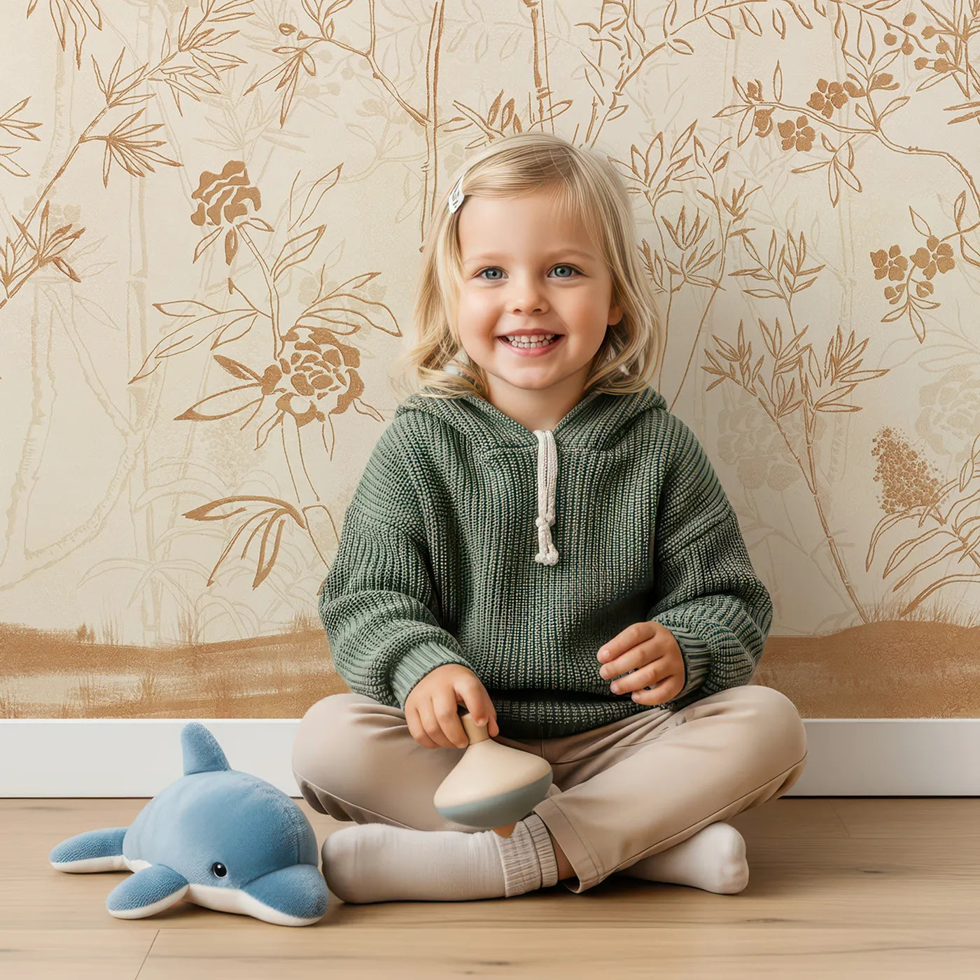 Child in front of Whimsy Tots Sepia Chinoiserie Wall Mural with chinoiserie, vintage, floral, flower, branch, sepia, brown, beige in design.