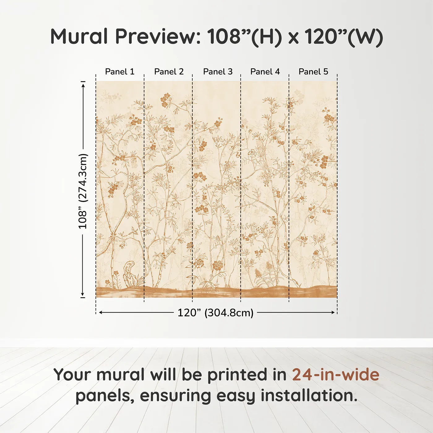 Whimsy Tots Sepia Chinoiserie Wall Muraldimension view (108" H x 120" W). Printed in five 24-inch-wide panels. Gender-Neutral