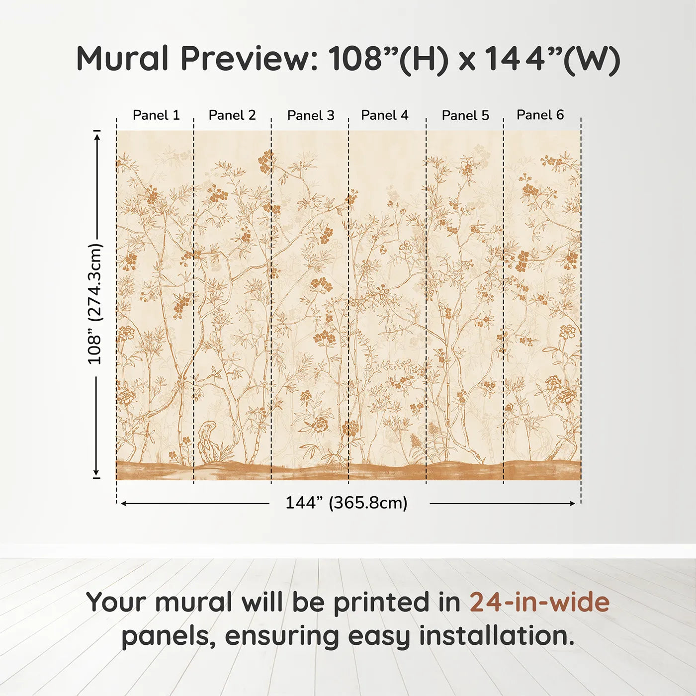 Whimsy Tots Sepia Chinoiserie Wall Muraldimension view (108" H x 144" W). Printed in six 24-inch-wide panels. Gender-Neutral