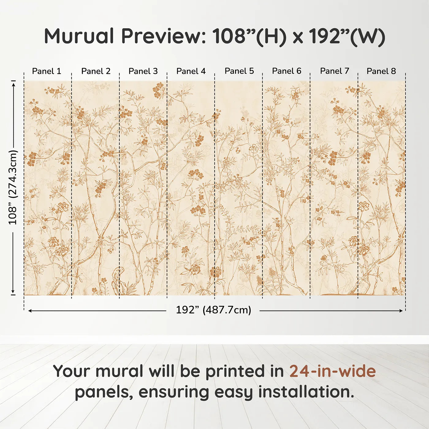 Whimsy Tots Sepia Chinoiserie Wall Muraldimension view (108" H x 192" W). Printed in eight 24-inch-wide panels. Gender-Neutral