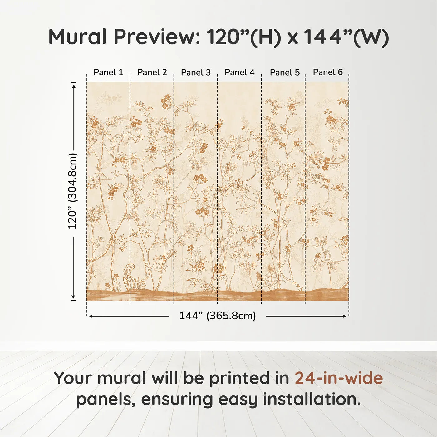 Whimsy Tots Sepia Chinoiserie Wall Muraldimension view (120" H x 144" W). Printed in six 24-inch-wide panels. Gender-Neutral