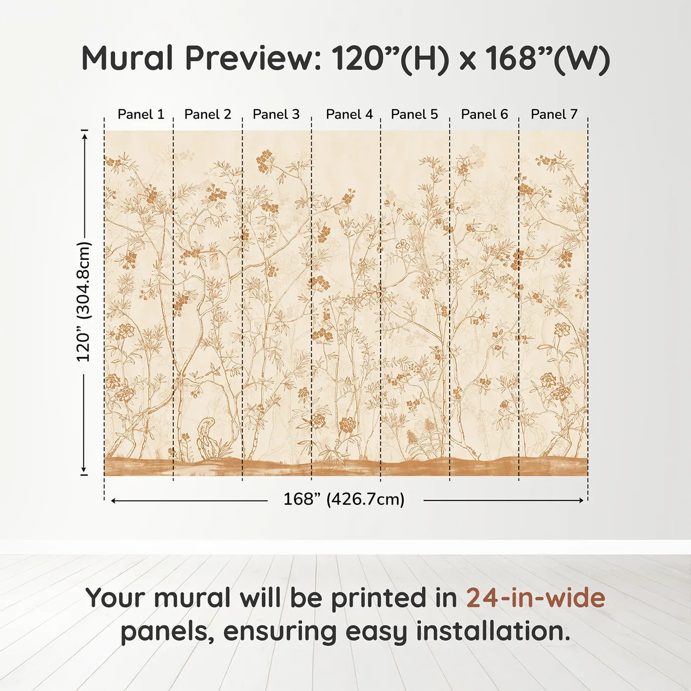 Whimsy Tots Sepia Chinoiserie Wall Muraldimension view (120" H x 168" W). Printed in seven 24-inch-wide panels. Gender-Neutral