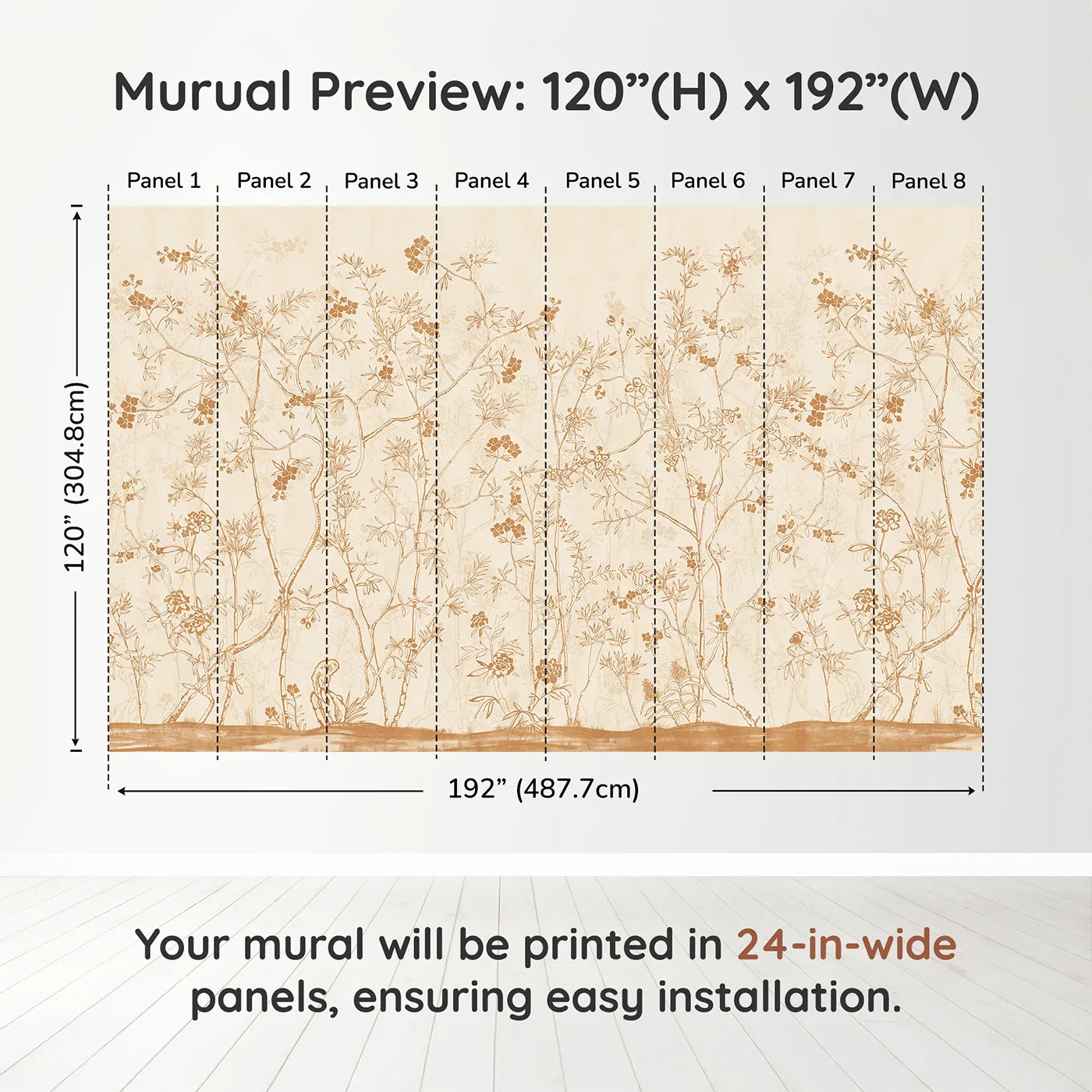 Whimsy Tots Sepia Chinoiserie Wall Muraldimension view (120" H x 192" W). Printed in eight 24-inch-wide panels. Gender-Neutral