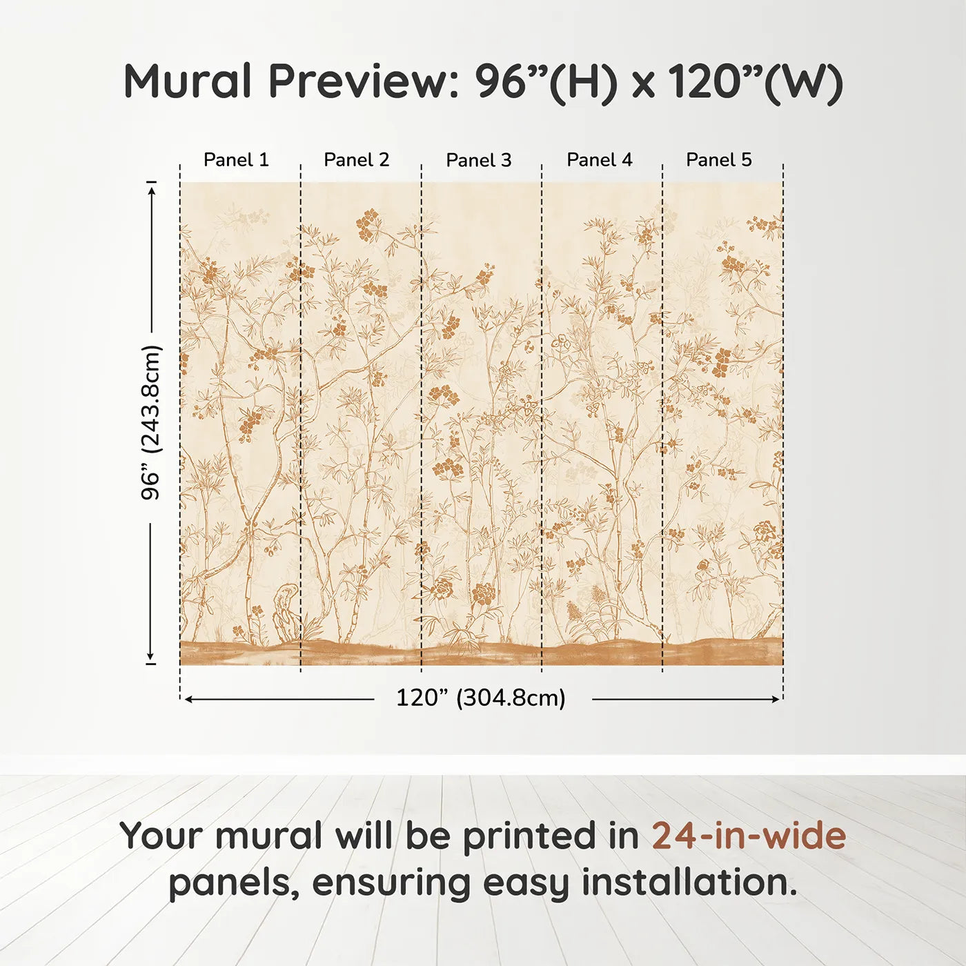 Whimsy Tots Sepia Chinoiserie Wall Muraldimension view (96" H x 120" W). Printed in five 24-inch-wide panels. Gender-Neutral