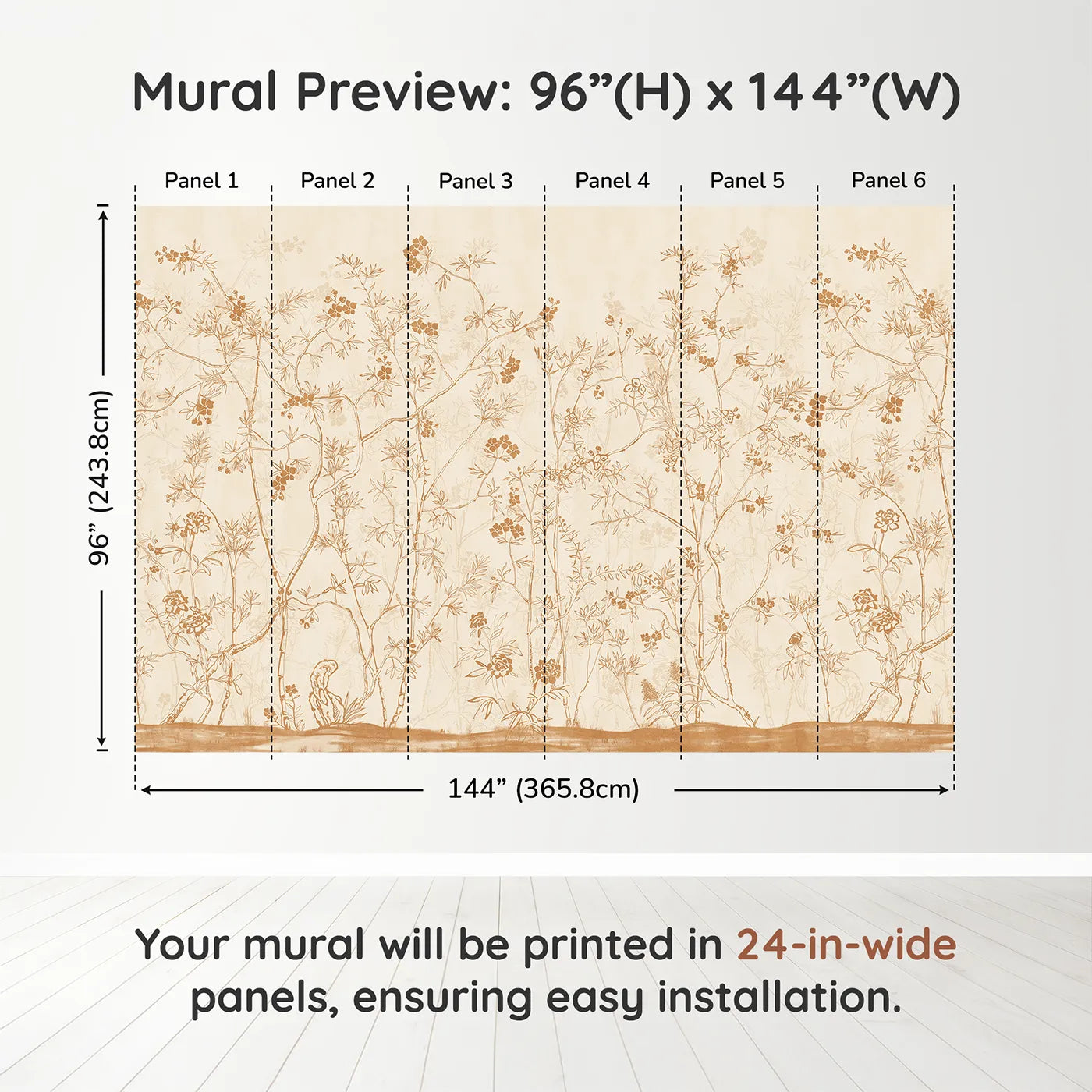 Whimsy Tots Sepia Chinoiserie Wall Muraldimension view (96" H x 144" W). Printed in six 24-inch-wide panels. Gender-Neutral