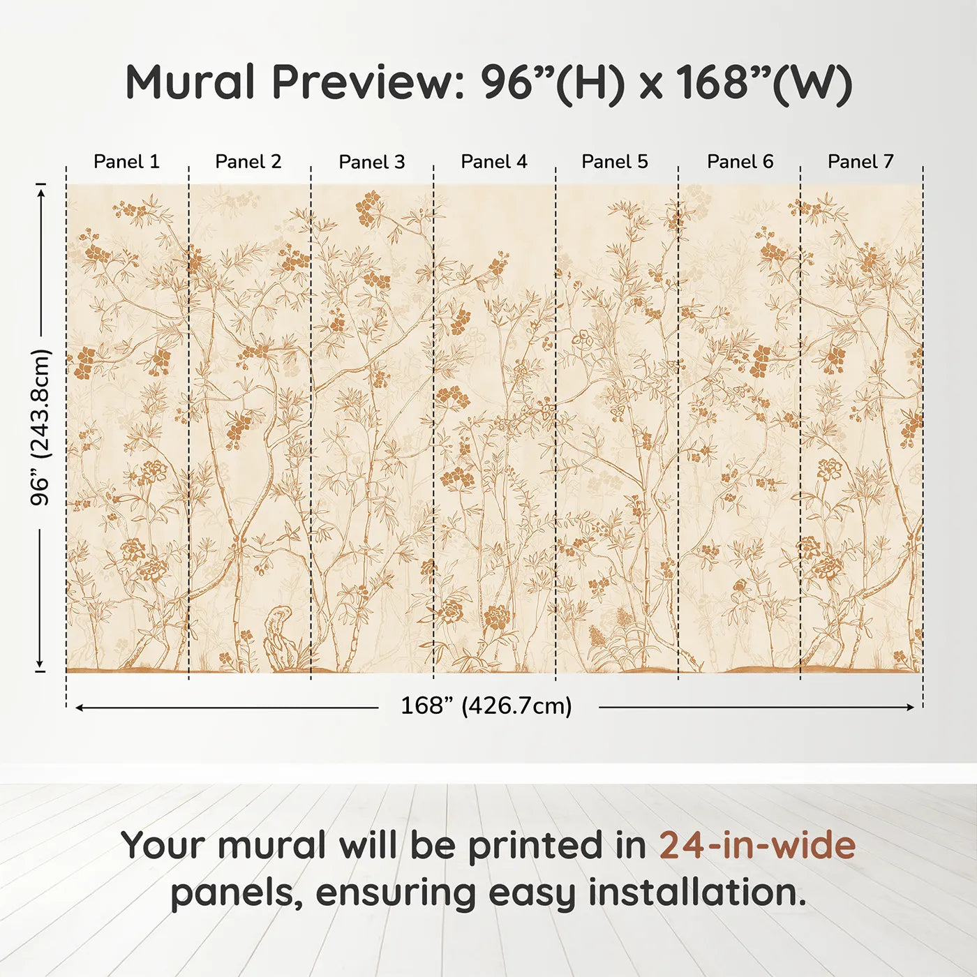 Whimsy Tots Sepia Chinoiserie Wall Muraldimension view (96" H x 168" W). Printed in seven 24-inch-wide panels. Gender-Neutral