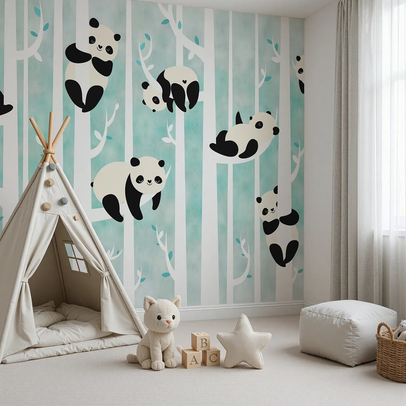 Angled view of Whimsy Tots' Panda Birch Forest Wall Mural (Turn Their Room into the Cutest, Coziest Treetop Hangout).Gender-Neutral