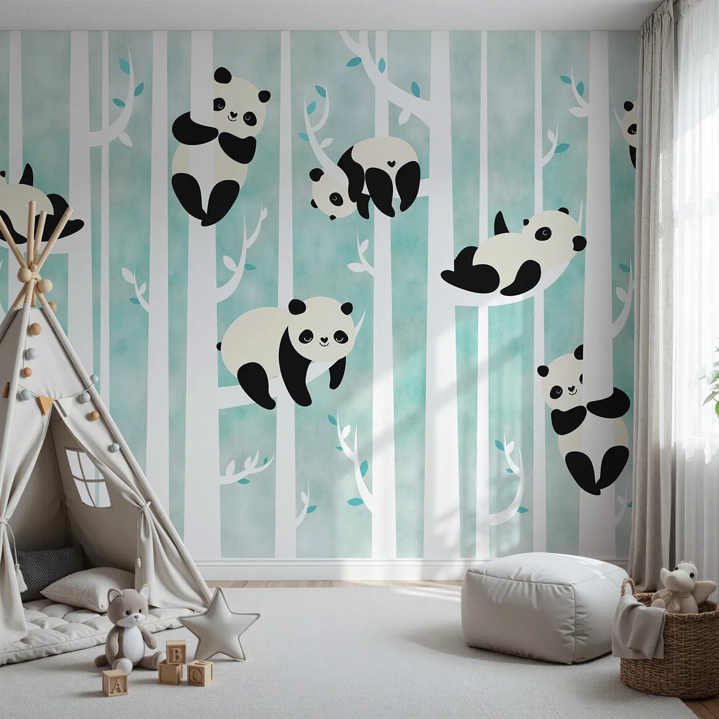 Front view of Whimsy Tots' Panda Birch Forest Wall Mural