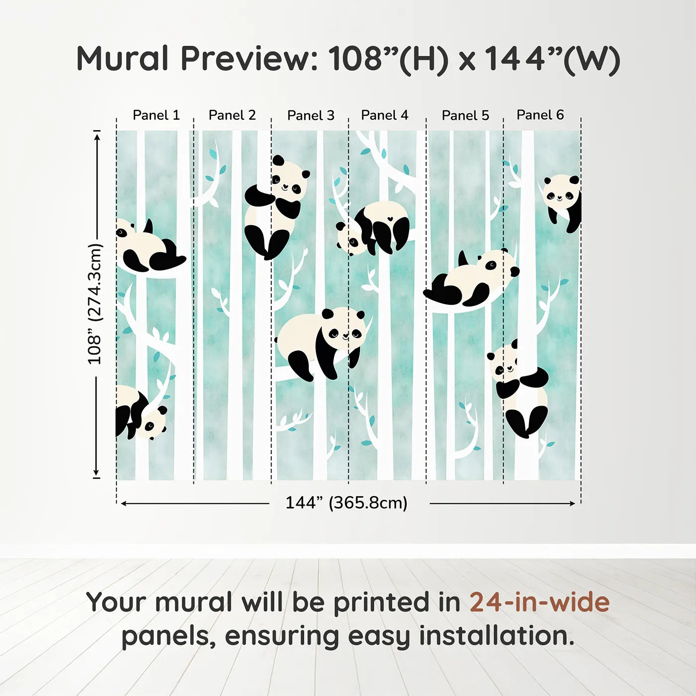 Whimsy Tots Panda Birch Forest Wall Muraldimension view (108" H x 144" W). Printed in six 24-inch-wide panels. Gender-Neutral
