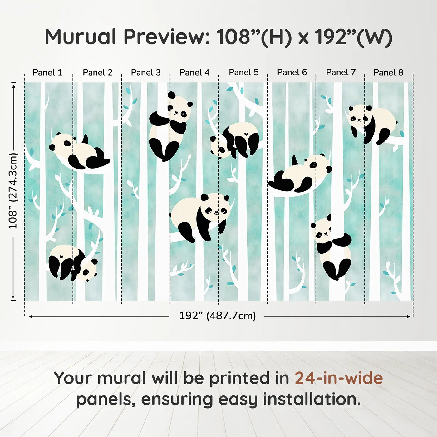 Whimsy Tots Panda Birch Forest Wall Muraldimension view (108" H x 192" W). Printed in eight 24-inch-wide panels. Gender-Neutral