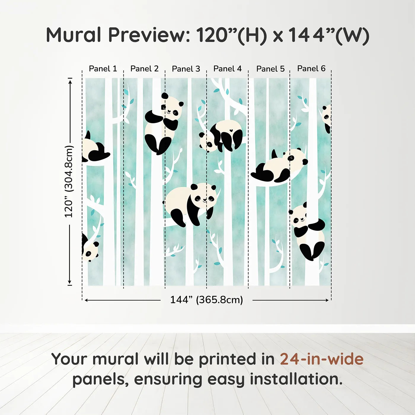 Whimsy Tots Panda Birch Forest Wall Muraldimension view (120" H x 144" W). Printed in six 24-inch-wide panels. Gender-Neutral