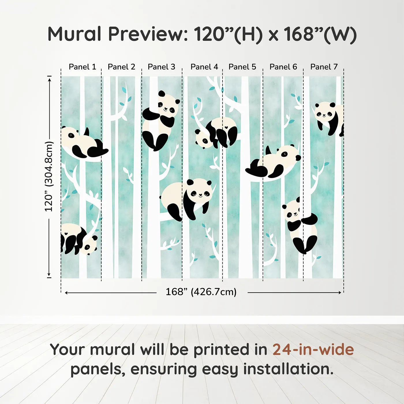 Whimsy Tots Panda Birch Forest Wall Muraldimension view (120" H x 168" W). Printed in seven 24-inch-wide panels. Gender-Neutral