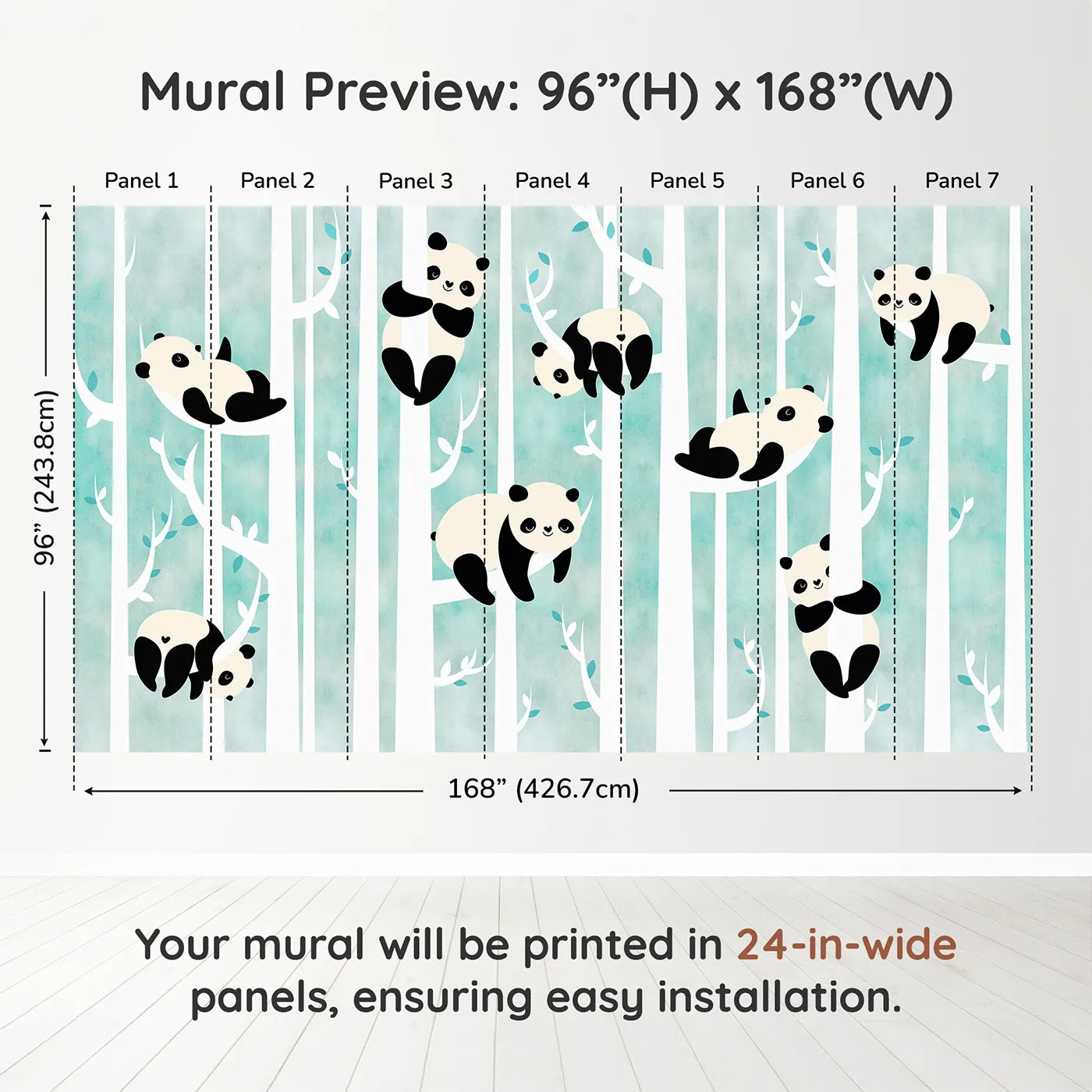 Whimsy Tots Panda Birch Forest Wall Muraldimension view (96" H x 168" W). Printed in seven 24-inch-wide panels. Gender-Neutral