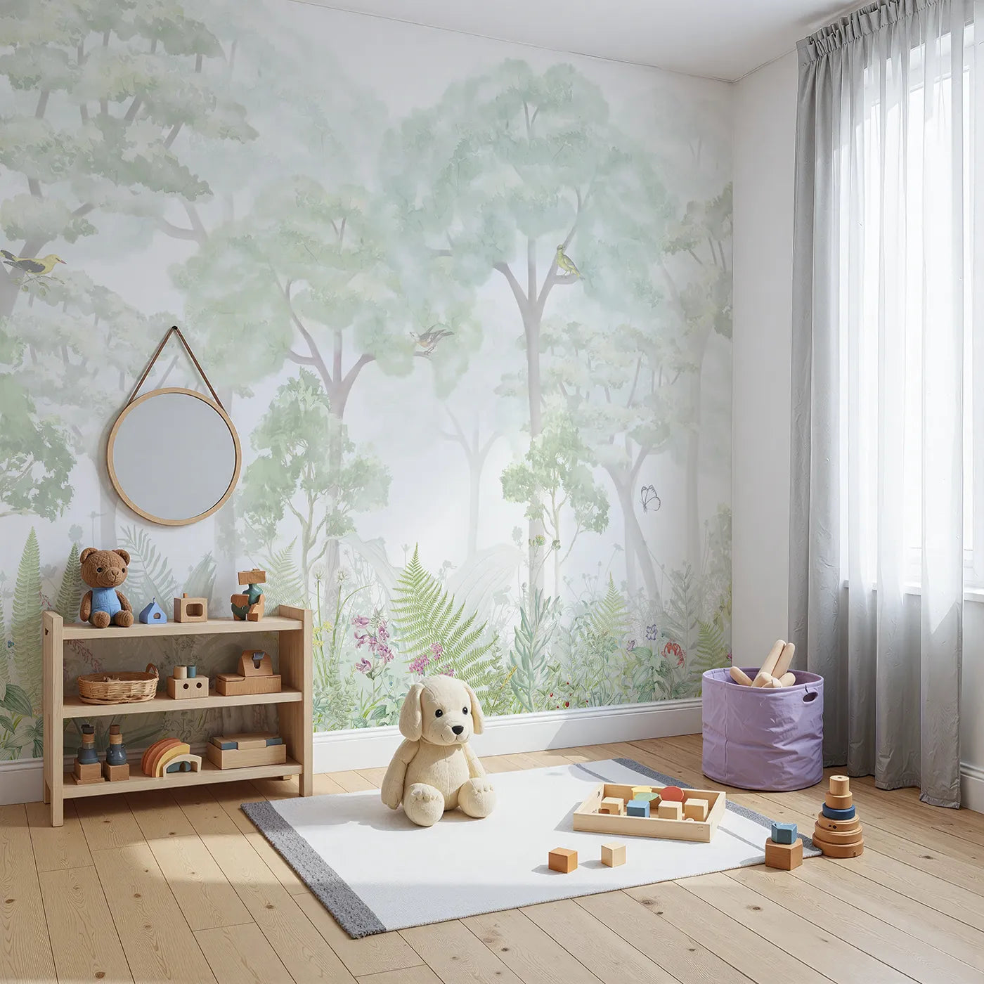 Angled view of Whimsy Tots' Misty Wildflower Forest Wall Mural (Turn Their Room into an Ethereal, Enchanted Meadow).Gender-Neutral