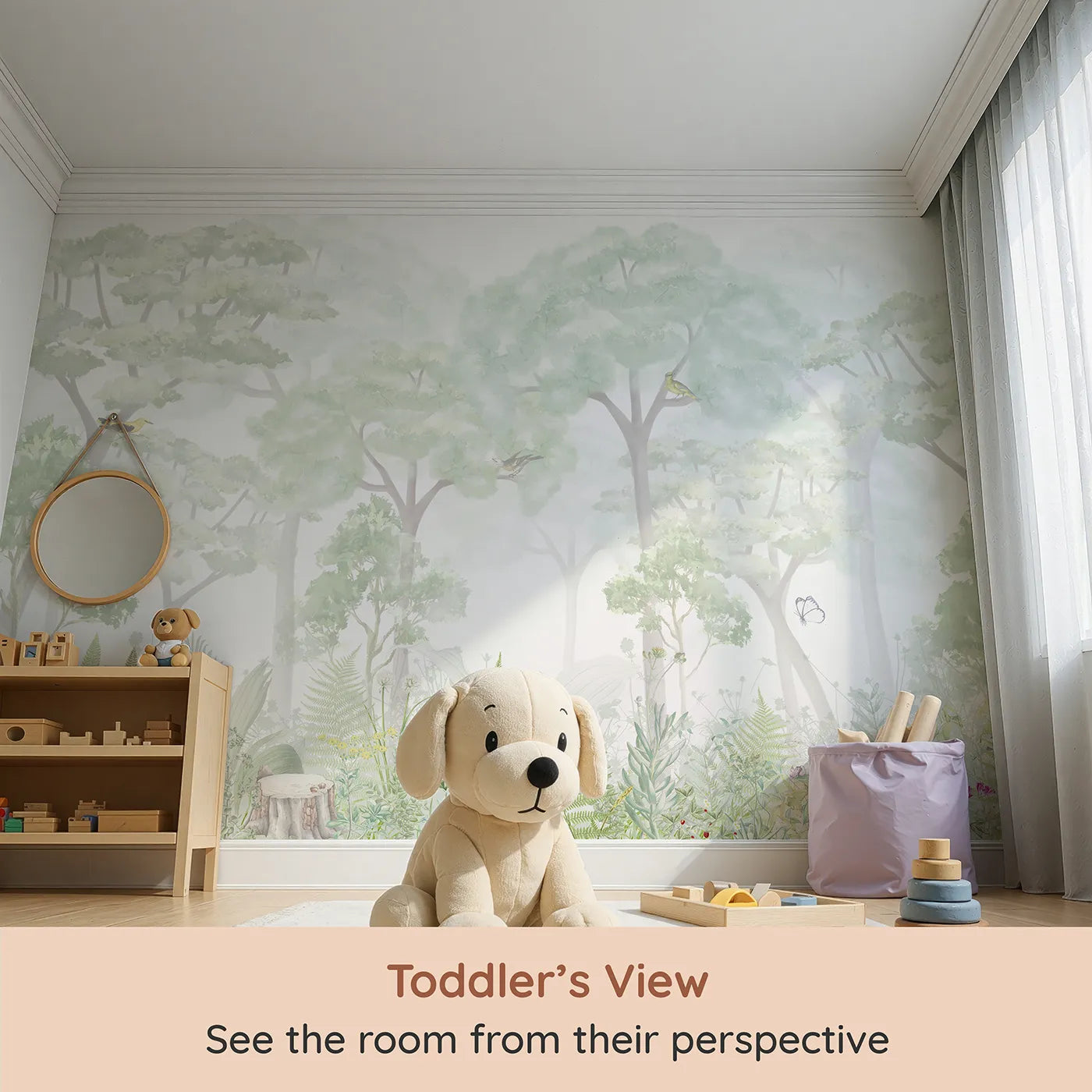 Whimsy Tots Misty Wildflower Forest Wall Mural (Turn Their Room into an Ethereal, Enchanted Meadow) from your child's view.Gender-Neutral