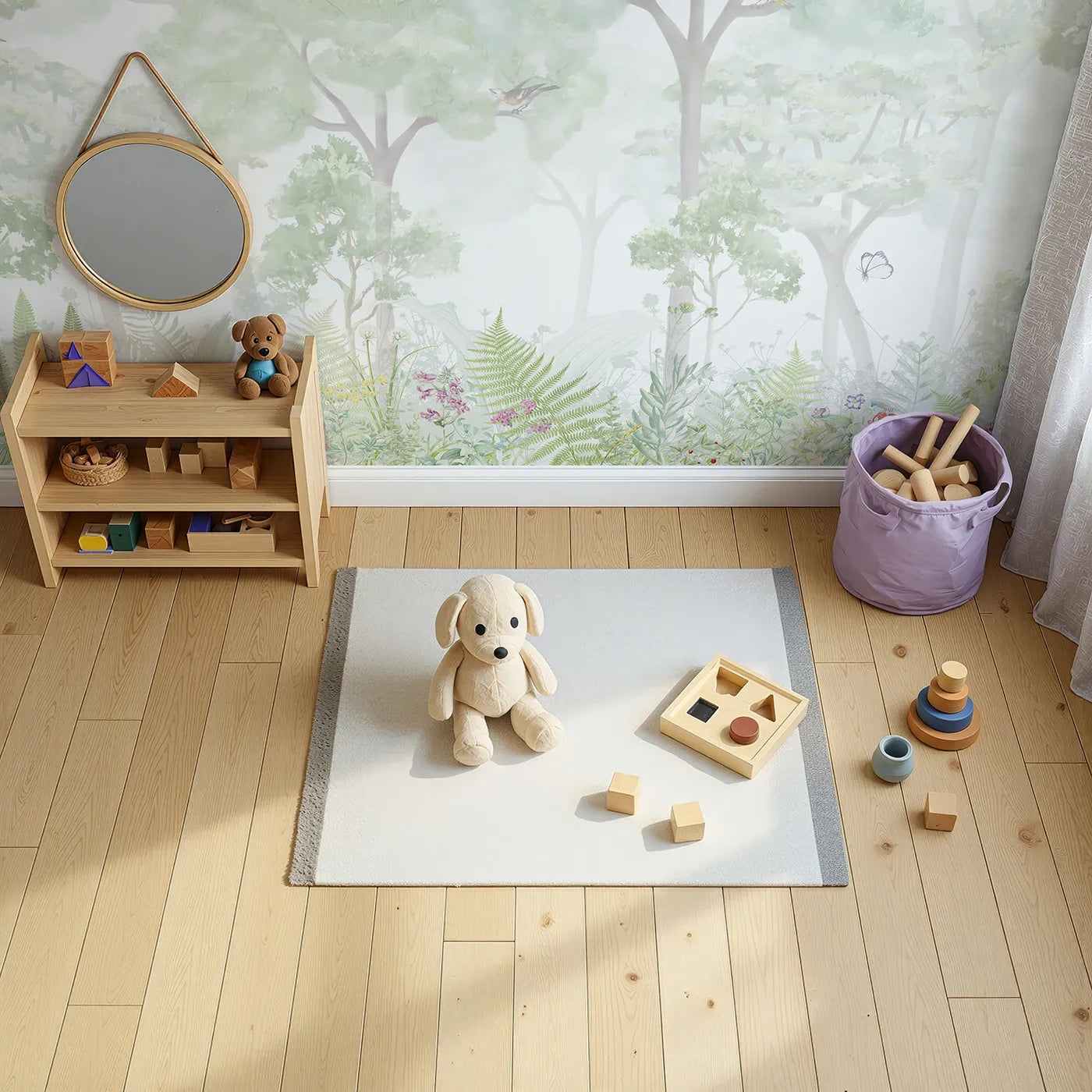 Top-down view of Whimsy Tots' Misty Wildflower Forest Wall Mural (Turn Their Room into an Ethereal, Enchanted Meadow).Gender-Neutral