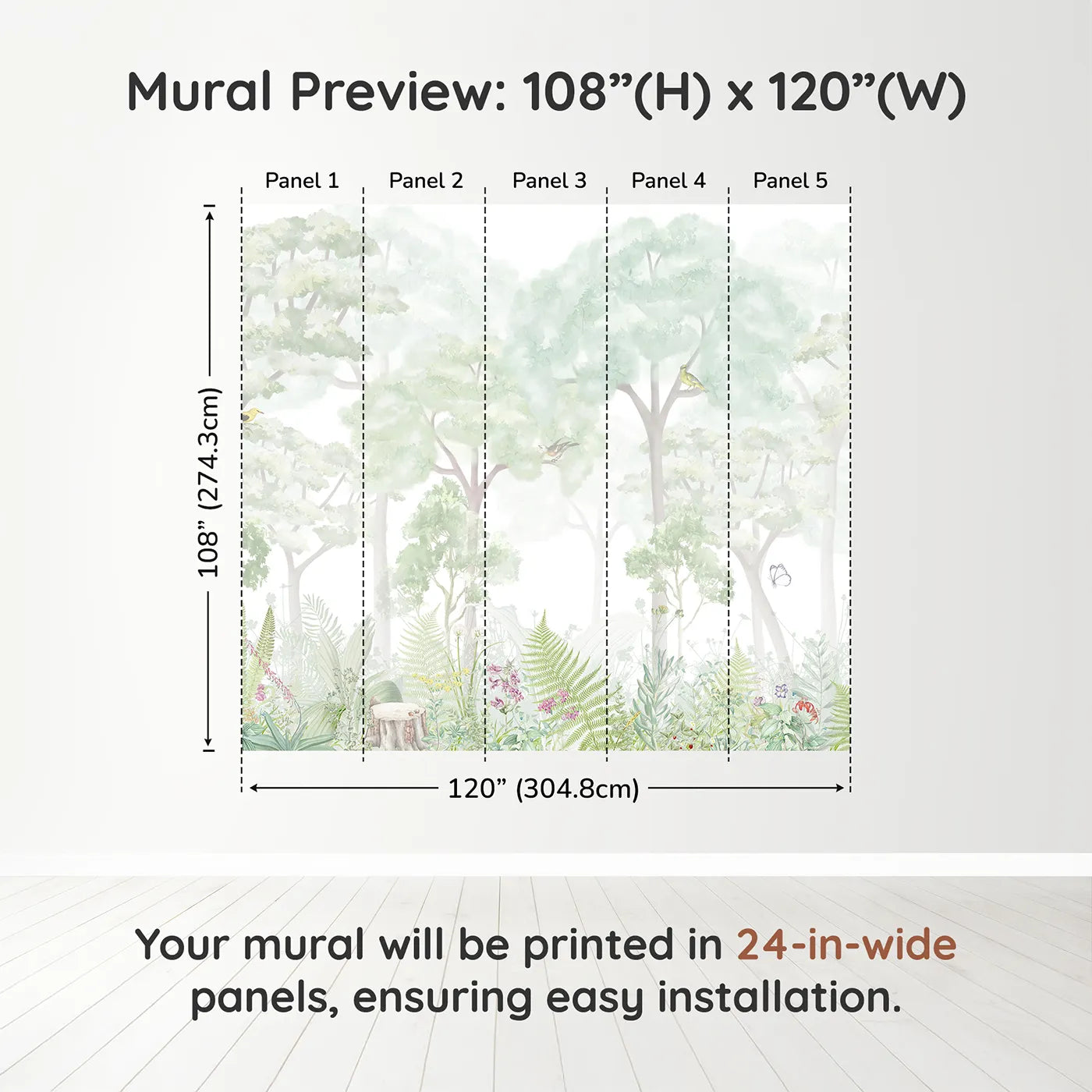 Whimsy Tots Misty Wildflower Forest Wall Muraldimension view (108" H x 120" W). Printed in five 24-inch-wide panels. Gender-Neutral