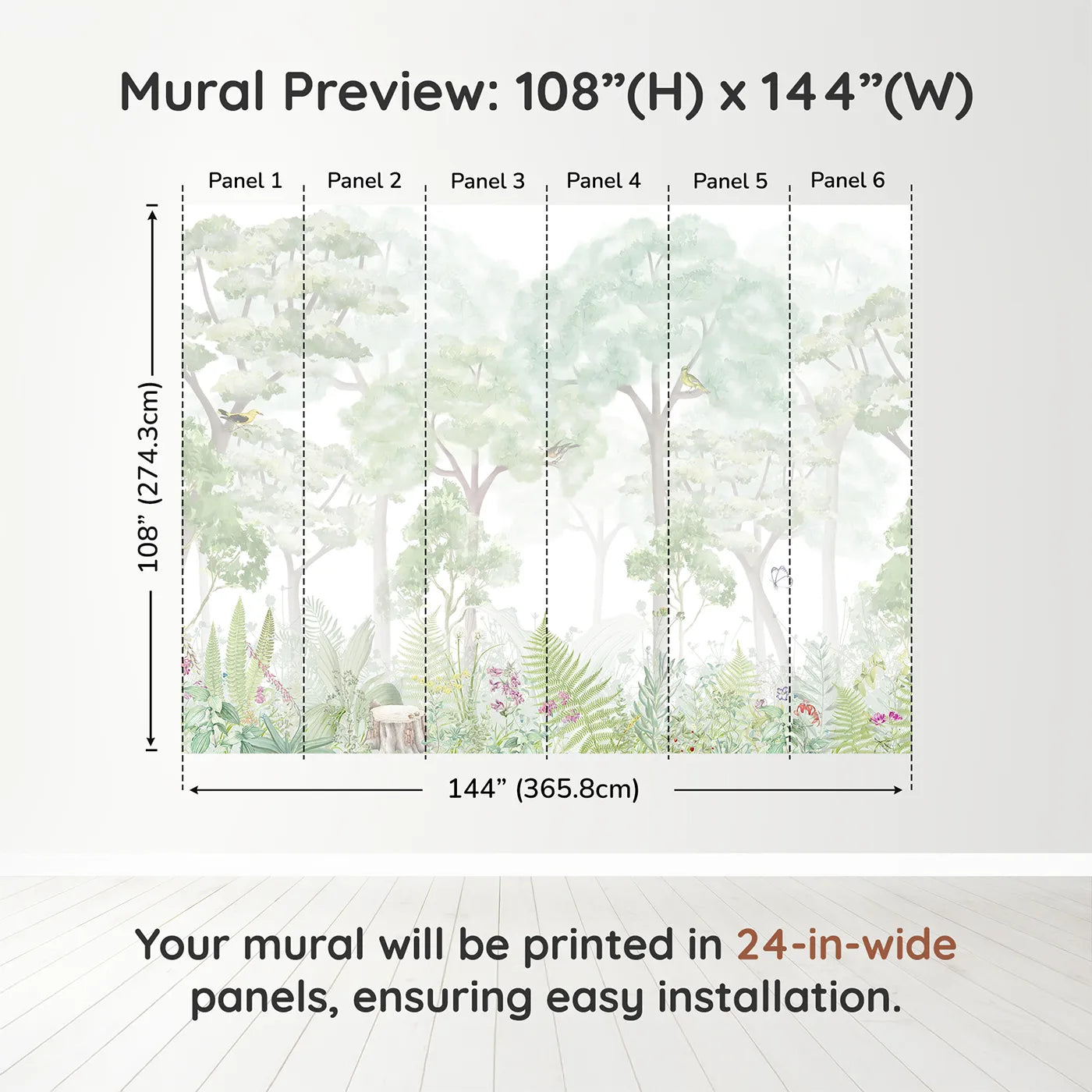 Whimsy Tots Misty Wildflower Forest Wall Muraldimension view (108" H x 144" W). Printed in six 24-inch-wide panels. Gender-Neutral