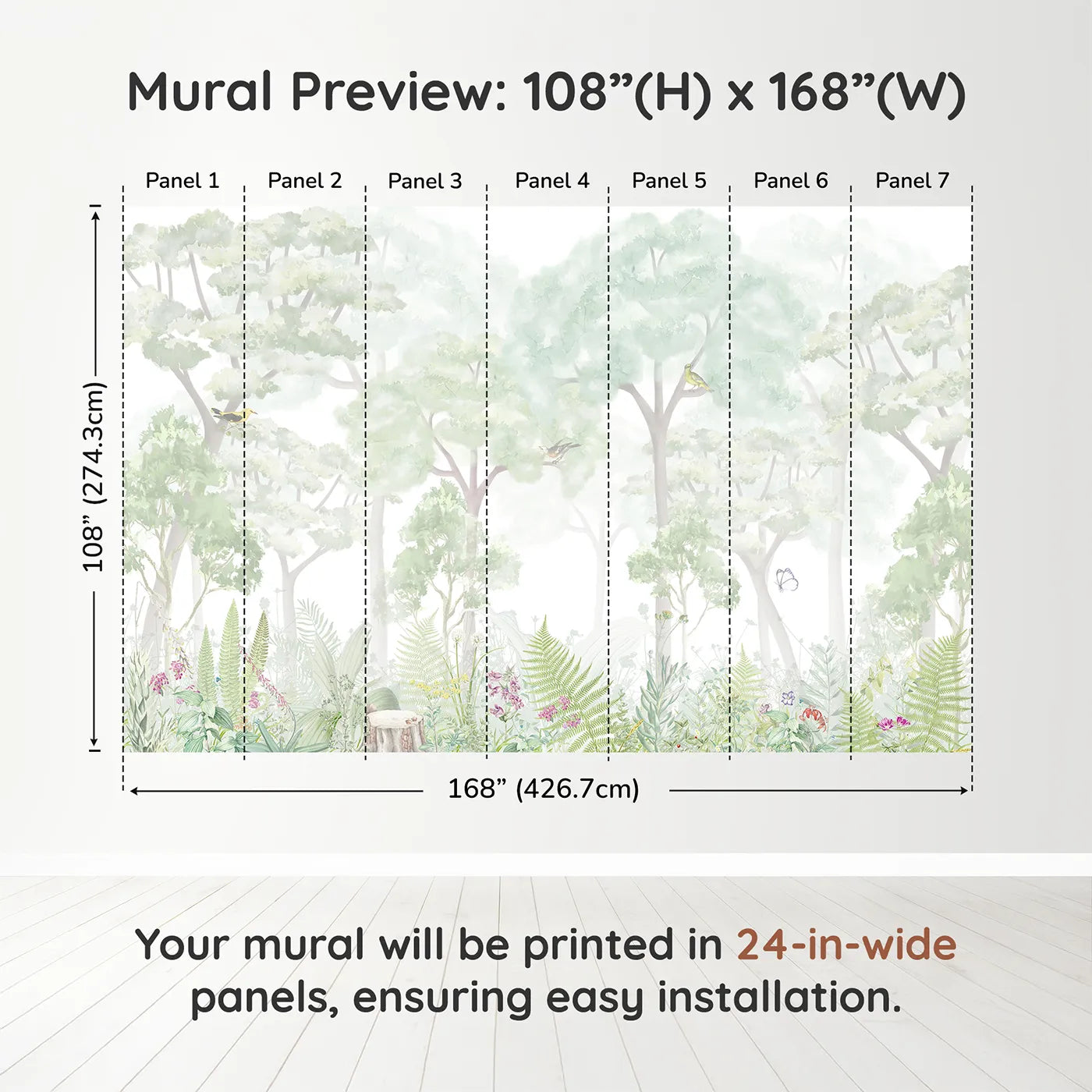 Whimsy Tots Misty Wildflower Forest Wall Muraldimension view (108" H x 168" W). Printed in seven 24-inch-wide panels. Gender-Neutral