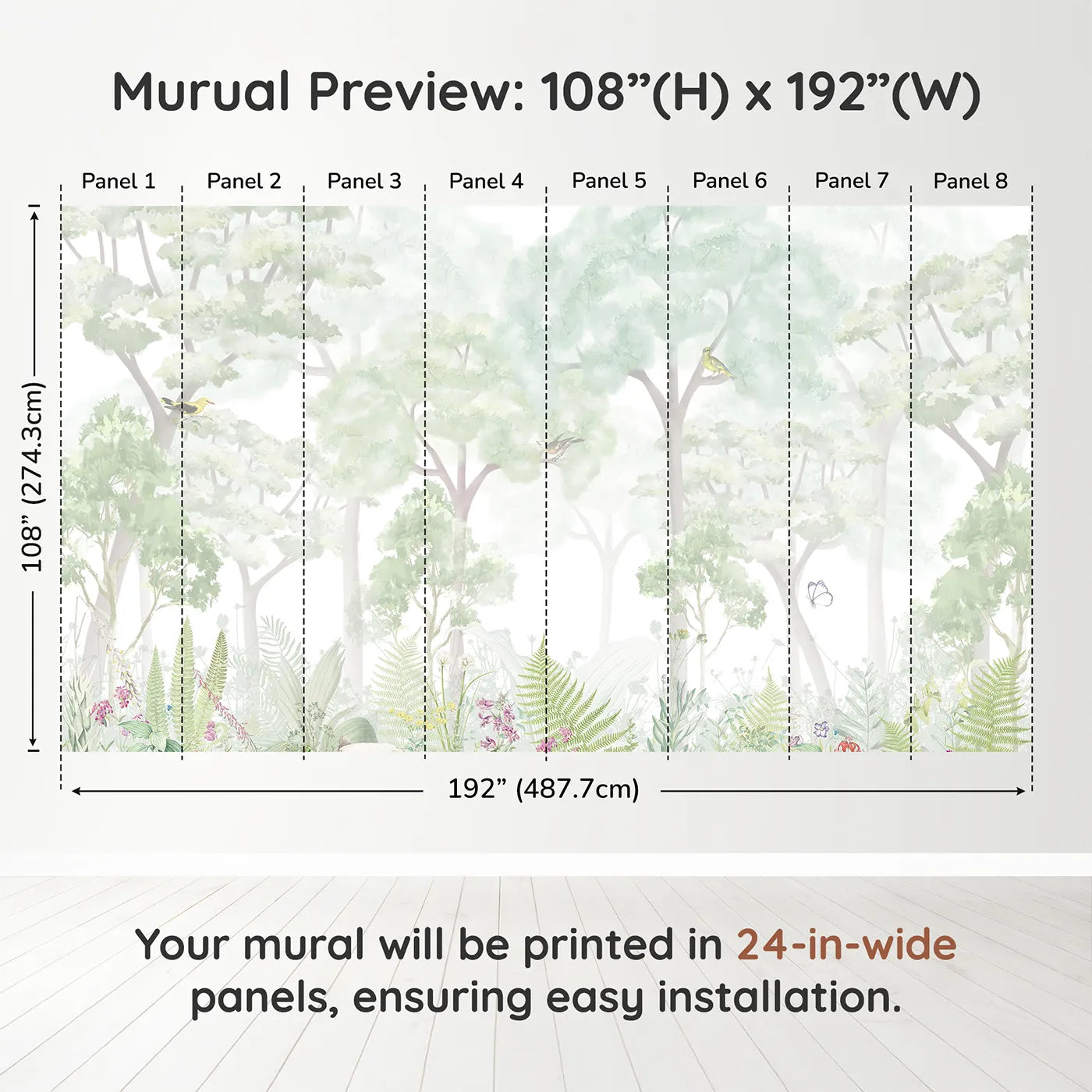 Whimsy Tots Misty Wildflower Forest Wall Muraldimension view (108" H x 192" W). Printed in eight 24-inch-wide panels. Gender-Neutral