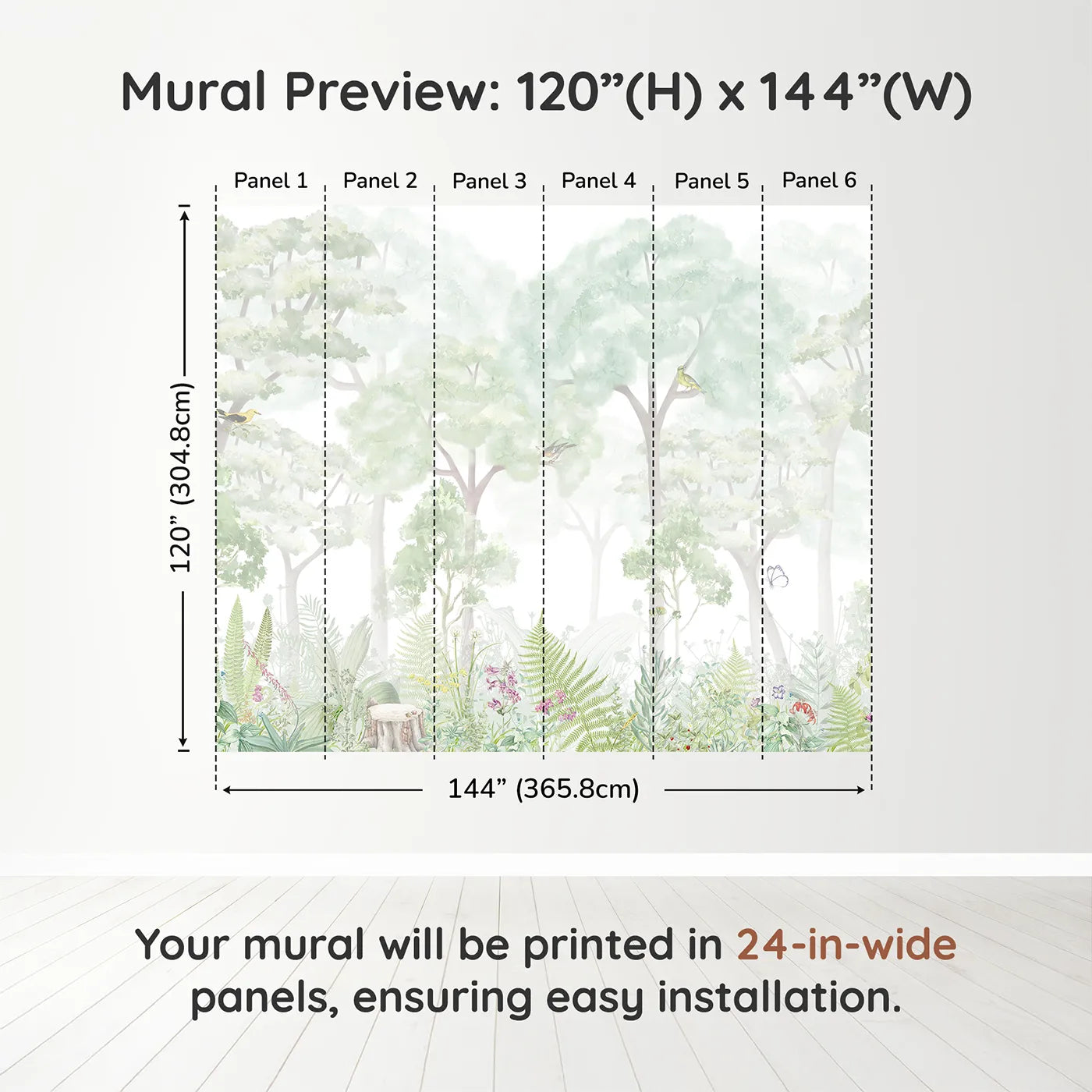 Whimsy Tots Misty Wildflower Forest Wall Muraldimension view (120" H x 144" W). Printed in six 24-inch-wide panels. Gender-Neutral