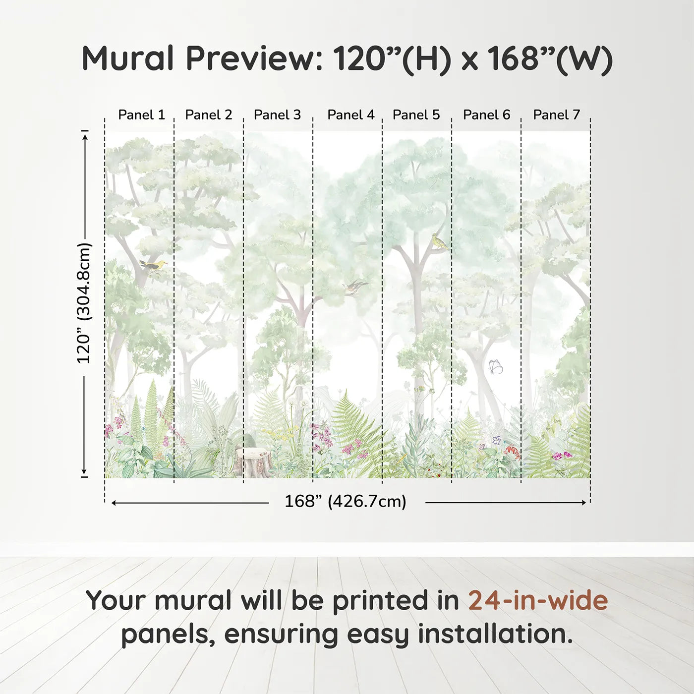 Whimsy Tots Misty Wildflower Forest Wall Muraldimension view (120" H x 168" W). Printed in seven 24-inch-wide panels. Gender-Neutral