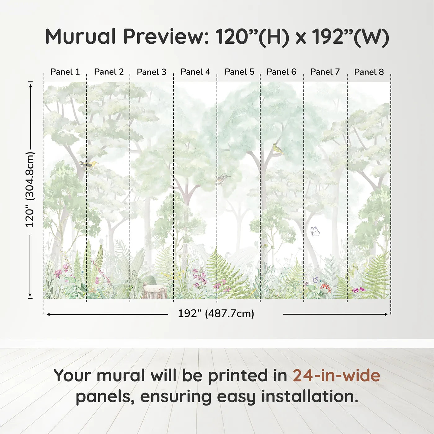 Whimsy Tots Misty Wildflower Forest Wall Muraldimension view (120" H x 192" W). Printed in eight 24-inch-wide panels. Gender-Neutral