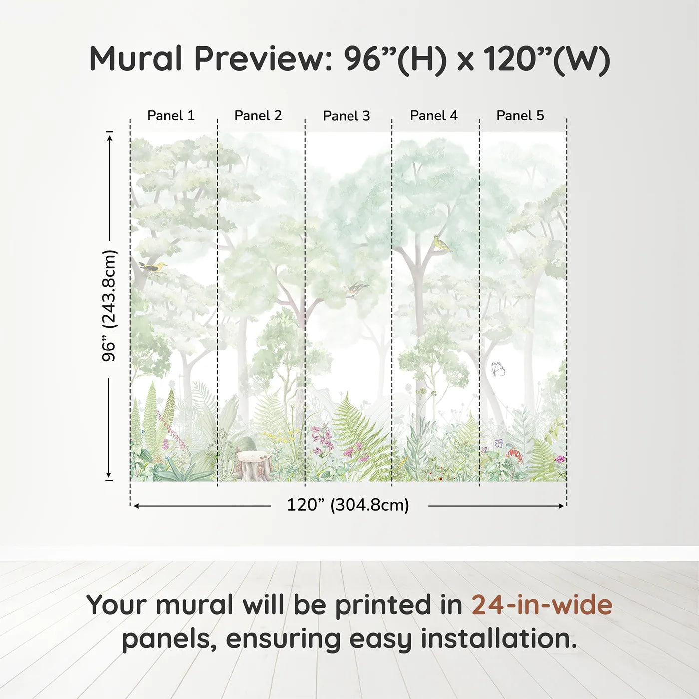 Whimsy Tots Misty Wildflower Forest Wall Muraldimension view (96" H x 120" W). Printed in five 24-inch-wide panels. Gender-Neutral
