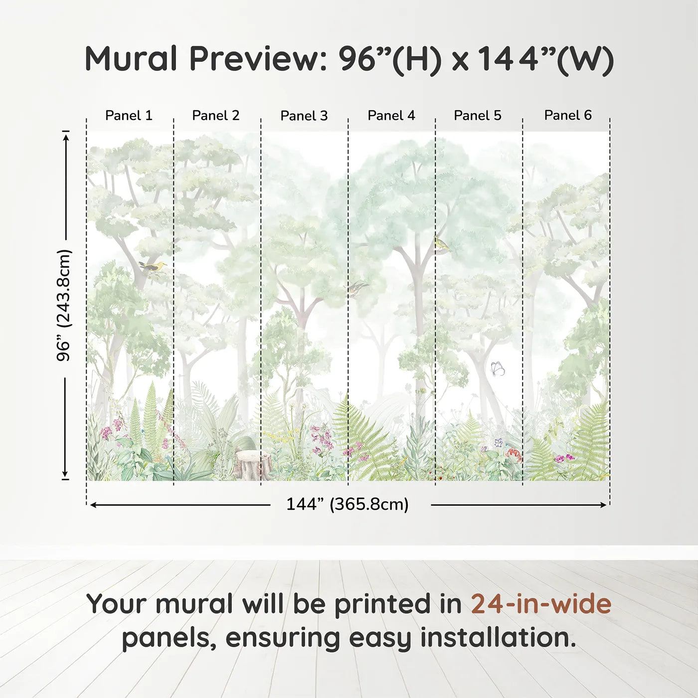 Whimsy Tots Misty Wildflower Forest Wall Muraldimension view (96" H x 144" W). Printed in six 24-inch-wide panels. Gender-Neutral