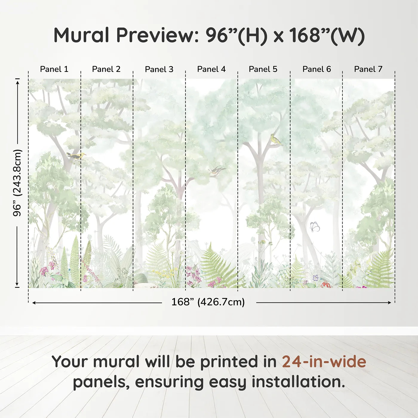 Whimsy Tots Misty Wildflower Forest Wall Muraldimension view (96" H x 168" W). Printed in seven 24-inch-wide panels. Gender-Neutral